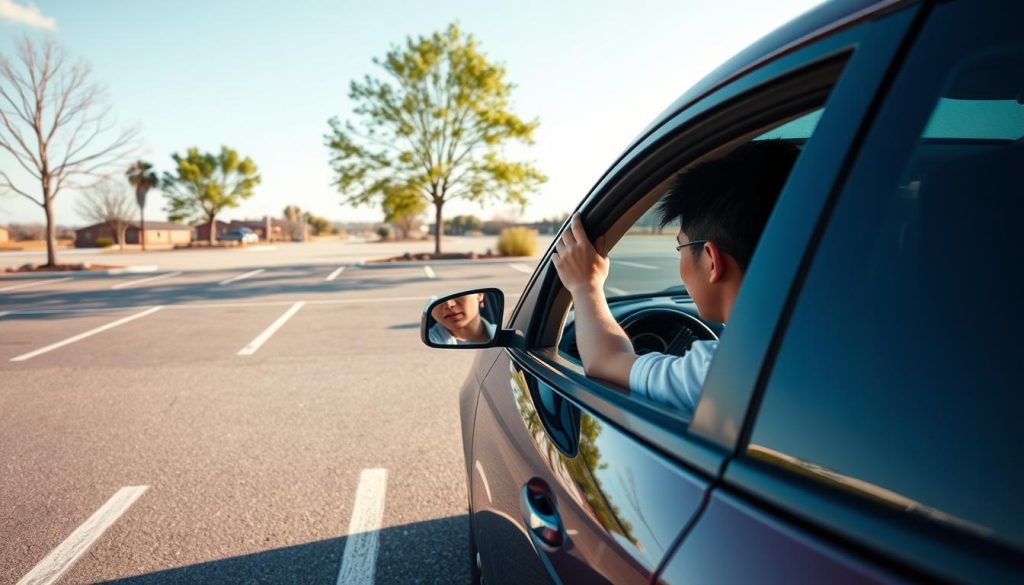 A serene parking lot scene showcasing a beginner driver practicing reverse parking techniques. In the foreground, a focused young adult wearing casual but neat attire is seen inside a compact car, attentively adjusting the rearview mirror for guidance. The mid-ground features a well-marked parking space with clear parking lines, and behind the car, an open view of the lot with nearby trees and a gentle blue sky. The lighting is bright and natural, casting soft shadows that enhance the tranquil atmosphere. A slight angle from the driver's side gives a perspective of the car's reverse movement, emphasizing the importance of using mirrors while parking. The overall mood is calm and educational, encouraging confidence in new drivers.