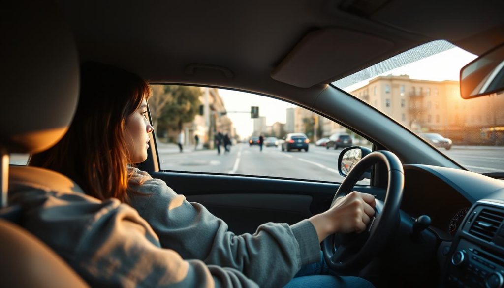 A serene urban driving scene featuring a nervous beginner driver in a modest casual outfit, gripping the steering wheel of a compact car, focused intently on the road. In the foreground, include the car’s dashboard with subtle indication of speed and distance measures. The middle ground should show a picturesque street with clear lane markings and a few cautious pedestrians maintaining safe distances. In the background, depict a bustling cityscape with traffic lights and distant cars, all bathed in warm, natural afternoon light that conveys a sense of calm yet attentive learning. The overall mood should reflect a blend of concentration and gentle guidance, encouraging a sense of safety and skill development for new drivers. A serene urban driving scene featuring a nervous beginner driver in a modest casual outfit, gripping the steering wheel of a compact car, focused intently on the road. In the foreground, include the car’s dashboard with subtle indication of speed and distance measures. The middle ground should show a picturesque street with clear lane markings and a few cautious pedestrians maintaining safe distances. In the background, depict a bustling cityscape with traffic lights and distant cars, all bathed in warm, natural afternoon light that conveys a sense of calm yet attentive learning. The overall mood should reflect a blend of concentration and gentle guidance, encouraging a sense of safety and skill development for new drivers.