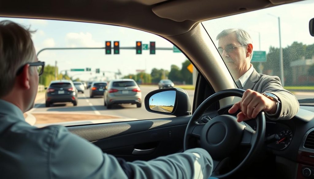 A well-defined scene illustrating a driving instructor demonstrating a left turn technique at an intersection. In the foreground, a car is positioned at the curb, its driver, a middle-aged individual in smart casual attire, appears focused with hands on the wheel. In the middle ground, there's a busy road with vehicles approaching from both directions, emphasizing the concept of timing and judgment in traffic. The background features road signs and and traffic signals, creating a realistic urban setting. Soft afternoon sunlight casts gentle shadows, highlighting the instructor’s thoughtful expression. The overall mood is educational and informative, with clear visibility, ensuring the importance of making safe, timely decisions is conveyed effectively.
