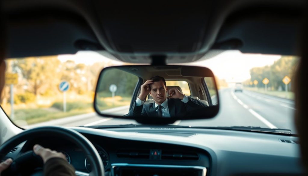 A well-lit interior of a car showing a clear view of the rearview mirror reflecting two roadside lane markings. In the foreground, the rearview mirror is in sharp focus, with the driver visibly adjusting their position, dressed in professional business attire. The middle ground displays the blurred landscape of a road bordered by trees and street signs, creating a sense of motion and direction. The background features a slightly out-of-focus street divided by distinct lane lines, emphasizing the importance of positioning and spatial awareness. The angle is from the driver's perspective, capturing a realistic driving experience. The atmosphere conveys concentration and safety, highlighting the technical skill of using mirrors for precise lane judgment. Soft, natural lighting adds warmth to the scene, enhancing clarity and focus. A well-lit interior of a car showing a clear view of the rearview mirror reflecting two roadside lane markings. In the foreground, the rearview mirror is in sharp focus, with the driver visibly adjusting their position, dressed in professional business attire. The middle ground displays the blurred landscape of a road bordered by trees and street signs, creating a sense of motion and direction. The background features a slightly out-of-focus street divided by distinct lane lines, emphasizing the importance of positioning and spatial awareness. The angle is from the driver's perspective, capturing a realistic driving experience. The atmosphere conveys concentration and safety, highlighting the technical skill of using mirrors for precise lane judgment. Soft, natural lighting adds warmth to the scene, enhancing clarity and focus.