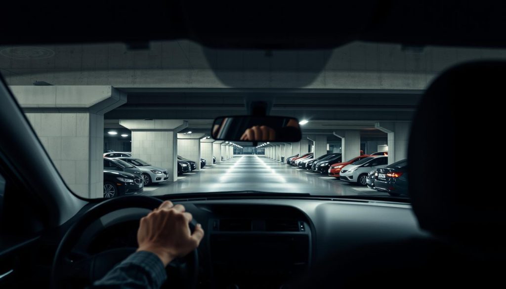A well-lit underground parking garage scene that emphasizes the importance of visual alignment for entering a parking space. In the foreground, the interior of a car is visible, with the driver adjusting their mirrors to ensure a clear view. The middle ground features a spacious parking area filled with neatly parked cars, highlighting the need for precision and awareness. The background consists of concrete pillars and dimly lit corners, adding depth to the scene. Soft ambient lighting creates a realistic atmosphere, while the camera angle captures a dynamic perspective from inside the vehicle, suggesting movement and focus. The mood is serious and practical, underscoring the critical nature of adjusting one's sight when entering a multi-level parking structure.