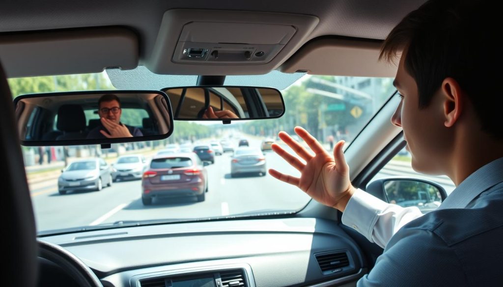 A young, attentive driving instructor demonstrates safe driving techniques in a practical setting, highlighting car distance judgment. The scene is set inside a driver's car, with a clear view of the dashboard and steering wheel in the foreground. A large side mirror reflects the roadway and nearby vehicles, emphasizing spatial awareness. The middle ground features a variety of cars at different distances, aiding in visualizing safe driving space. The background shows a realistic urban driving scenario with traffic signs and pedestrians, all in natural daylight. The instructor, dressed in professional attire, gestures towards the side mirror, creating a focused and educational atmosphere. The lighting is bright and clear, enhancing visibility and detail, while a slight depth of field draws attention to the interactions within the car. A young, attentive driving instructor demonstrates safe driving techniques in a practical setting, highlighting car distance judgment. The scene is set inside a driver's car, with a clear view of the dashboard and steering wheel in the foreground. A large side mirror reflects the roadway and nearby vehicles, emphasizing spatial awareness. The middle ground features a variety of cars at different distances, aiding in visualizing safe driving space. The background shows a realistic urban driving scenario with traffic signs and pedestrians, all in natural daylight. The instructor, dressed in professional attire, gestures towards the side mirror, creating a focused and educational atmosphere. The lighting is bright and clear, enhancing visibility and detail, while a slight depth of field draws attention to the interactions within the car.
