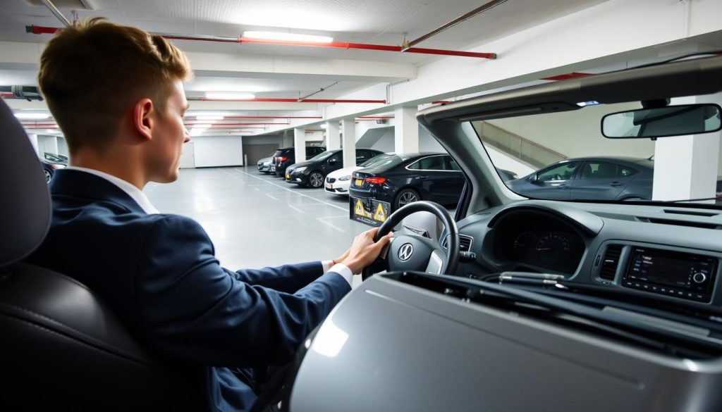 An indoor parking garage scene showcasing effective driving techniques for new drivers. In the foreground, a focused young driver in professional business attire is behind the wheel of a compact car, displaying concentration while navigating a sloped section. In the middle ground, various parking spots are lined with clear signage, depicting both angled and straight parking. The lighting is bright and well-distributed, highlighting the smooth surface of the garage floor. In the background, other cars are parked, with a gentle incline visible, emphasizing the skill required for uphill and downhill maneuvering. The atmosphere is instructional yet encouraging, capturing the essence of learning and mastering essential parking skills.
