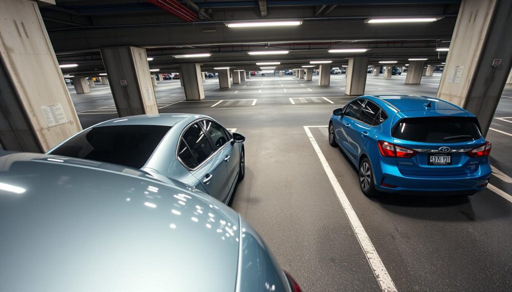 Two cars navigating a tight space in a parking lot, showcasing the technique of yielding and maneuvering in close quarters. In the foreground, a silver sedan is positioned diagonally, showcasing its rear while another blue hatchback approaches from the opposite direction, both equipped with clear details like shiny paint and distinct headlights. The middle ground features a narrow parking aisle lined with concrete walls, enhancing the sense of closeness and tension. The background captures an overhead view of a crowded parking lot under bright LED lighting, casting soft shadows on the asphalt. The scene conveys a sense of concentration and careful driving, emphasizing the importance of communication and yielding principles in tight environments. Use a wide-angle lens to emphasize the narrowness of the space and create a dynamic perspective. The atmosphere is focused and slightly tense, illustrating a real-life driving scenario.