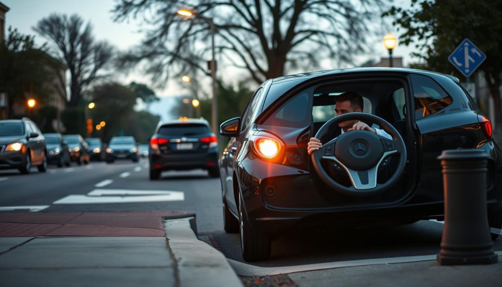 A beginner driver in a compact car is expertly assessing the front distance while parallel parking. The scene captures the car's front end close to the curb, emphasizing the car's nose and the proximity of nearby objects like a parked vehicle and a street sign. In the foreground, the driver is focused, dressed in smart casual clothing, with a clear view of their hands on the steering wheel. The background features a typical city street with trees, other cars, and a soft evening glow from street lamps, casting a warm light. The angle is slightly elevated, giving a clear perspective of the spatial dynamics, with an emphasis on the driver’s concentration and the importance of spatial awareness in parking.