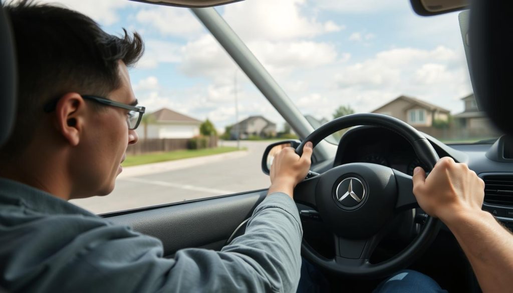 A beginner driver struggling with a right turn in a compact car, gripping the steering wheel tightly. The foreground features the driver's nervous expression, showcasing their concentration and determination. In the middle ground, a road with clear lane markings forms a sharp curve, emphasizing the driver's mistake as they oversteer, causing the car to drift too wide. The background displays suburban houses with a blue sky and soft clouds, creating a serene atmosphere that contrasts with the driver's tension. Natural daylight illuminates the scene, capturing the moment with a focal length that highlights the driver and the steering wheel, surrounding them with a slight blur to enhance their sense of urgency. A beginner driver struggling with a right turn in a compact car, gripping the steering wheel tightly. The foreground features the driver's nervous expression, showcasing their concentration and determination. In the middle ground, a road with clear lane markings forms a sharp curve, emphasizing the driver's mistake as they oversteer, causing the car to drift too wide. The background displays suburban houses with a blue sky and soft clouds, creating a serene atmosphere that contrasts with the driver's tension. Natural daylight illuminates the scene, capturing the moment with a focal length that highlights the driver and the steering wheel, surrounding them with a slight blur to enhance their sense of urgency.