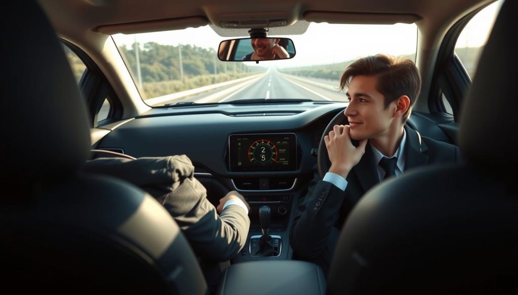 A bright and inviting interior view of a modern car, showcasing a driver in a professional business attire. The driver is seated in a correct posture, with hands confidently gripping the steering wheel, demonstrating the ideal sitting position for optimal lane centering. The foreground captures the detailed steering wheel and dashboard, while the middle ground focuses on the driver’s engaged expression, emphasizing focus and stability. In the background, the rearview mirror reflects a clear view of straight road lines, symbolizing alignment and control. Soft, natural lighting streams in through the windshield, illuminating the scene. The overall mood is professional, educational, and encouraging, illustrating the importance of proper posture while driving for new drivers. A bright and inviting interior view of a modern car, showcasing a driver in a professional business attire. The driver is seated in a correct posture, with hands confidently gripping the steering wheel, demonstrating the ideal sitting position for optimal lane centering. The foreground captures the detailed steering wheel and dashboard, while the middle ground focuses on the driver’s engaged expression, emphasizing focus and stability. In the background, the rearview mirror reflects a clear view of straight road lines, symbolizing alignment and control. Soft, natural lighting streams in through the windshield, illuminating the scene. The overall mood is professional, educational, and encouraging, illustrating the importance of proper posture while driving for new drivers.