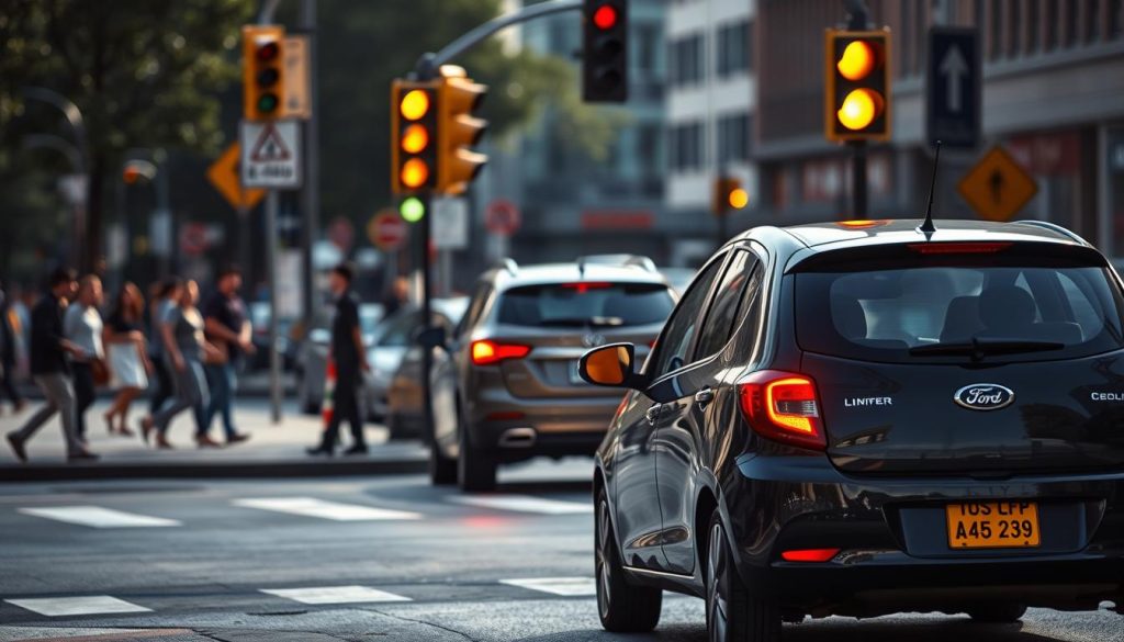 A bustling intersection illuminated by a yellow traffic light, signaling caution. In the foreground, a compact car is slowing down, brake lights glowing red, with a thoughtful driver in professional attire, assessing whether to stop or proceed. The middle ground features pedestrians waiting at the crosswalk, while another vehicle beside the stopping car is cautiously inching forward. The background displays urban buildings and street signs blurred in soft focus, enhancing the depth. Natural light filters through the scene, creating a warm, inviting atmosphere. The overall mood conveys a moment of critical decision-making, emphasizing safety and awareness in driving. No text or distractions in the image, just the focus on the intersection dynamics. A bustling intersection illuminated by a yellow traffic light, signaling caution. In the foreground, a compact car is slowing down, brake lights glowing red, with a thoughtful driver in professional attire, assessing whether to stop or proceed. The middle ground features pedestrians waiting at the crosswalk, while another vehicle beside the stopping car is cautiously inching forward. The background displays urban buildings and street signs blurred in soft focus, enhancing the depth. Natural light filters through the scene, creating a warm, inviting atmosphere. The overall mood conveys a moment of critical decision-making, emphasizing safety and awareness in driving. No text or distractions in the image, just the focus on the intersection dynamics.