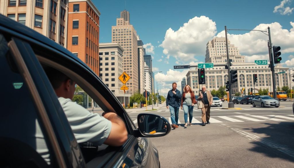 A bustling urban street scene during the day, focusing on a turning vehicle cautiously approaching a pedestrian crosswalk. In the foreground, a concerned driver is depicted inside a modern car, glancing to the side at a group of pedestrians—two adults, a child, and an elderly person—dressed in casual clothing. The middle ground features a clear, painted crosswalk with vibrant road signs emphasizing pedestrian safety. In the background, city buildings tower under a bright blue sky with fluffy clouds, and realistic street details like traffic lights and parked cars are visible. The lighting is bright and natural, casting soft shadows, creating an alert but safe atmosphere, illustrating the importance of being vigilant while turning. A bustling urban street scene during the day, focusing on a turning vehicle cautiously approaching a pedestrian crosswalk. In the foreground, a concerned driver is depicted inside a modern car, glancing to the side at a group of pedestrians—two adults, a child, and an elderly person—dressed in casual clothing. The middle ground features a clear, painted crosswalk with vibrant road signs emphasizing pedestrian safety. In the background, city buildings tower under a bright blue sky with fluffy clouds, and realistic street details like traffic lights and parked cars are visible. The lighting is bright and natural, casting soft shadows, creating an alert but safe atmosphere, illustrating the importance of being vigilant while turning.