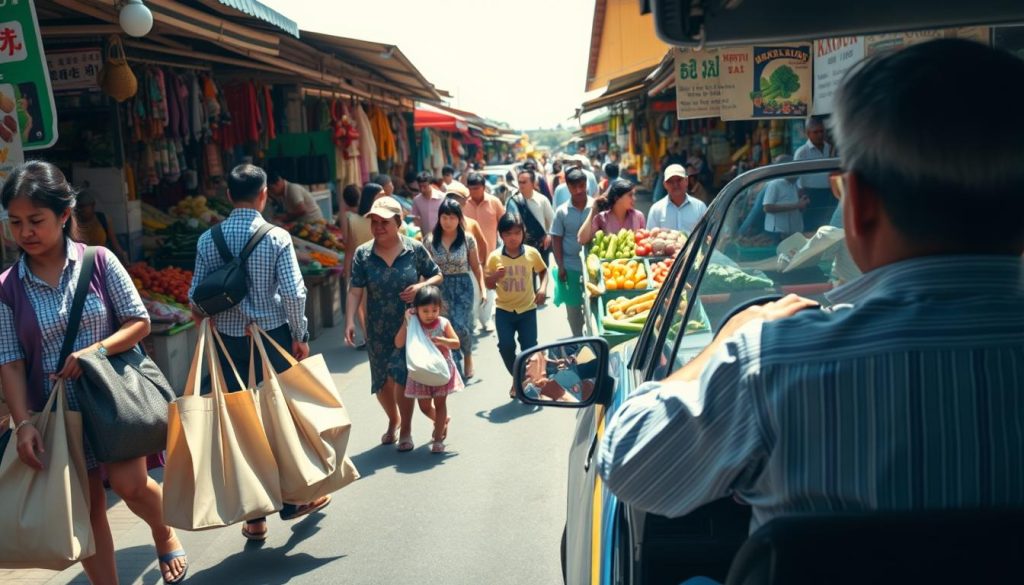 A bustling vegetable market scene featuring a diverse range of people interacting with vehicles. In the foreground, a cautious driver in a modest casual outfit navigates slowly, scanning for pedestrians. In the middle ground, shoppers are seen carrying bags of fresh produce, some children darting between stalls, and vendors enthusiastically arranging their goods. The background showcases colorful market stands, with vibrant vegetables and fruits, under a bright, sunny sky. The lighting is natural, casting soft shadows and enhancing the lively atmosphere. The angle captures the depth of the market, emphasizing both the chaotic energy of shoppers and the attentiveness required from drivers in this high-risk scenario. A bustling vegetable market scene featuring a diverse range of people interacting with vehicles. In the foreground, a cautious driver in a modest casual outfit navigates slowly, scanning for pedestrians. In the middle ground, shoppers are seen carrying bags of fresh produce, some children darting between stalls, and vendors enthusiastically arranging their goods. The background showcases colorful market stands, with vibrant vegetables and fruits, under a bright, sunny sky. The lighting is natural, casting soft shadows and enhancing the lively atmosphere. The angle captures the depth of the market, emphasizing both the chaotic energy of shoppers and the attentiveness required from drivers in this high-risk scenario.