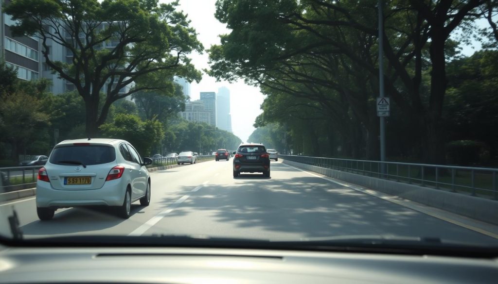 A busy Taiwanese road with a temporary parking vehicle on the side, creating a scenario where a driver must decide whether to wait or maneuver around. In the foreground, a compact car is positioned, indicating a cautious driver ready to make a decision. The middle section reveals a clear lane with a faint silhouette of an oncoming car approaching, emphasizing the need for careful assessment of distance and speed. The background features urban scenery with trees lining the road, and a bright sky, giving a sunny day atmosphere. Soft, natural lighting highlights the scene, capturing the tension of the moment. The angle is slightly elevated, providing a comprehensive view of the surroundings and focusing on safe navigation techniques while portraying a sense of urgency and alertness. A busy Taiwanese road with a temporary parking vehicle on the side, creating a scenario where a driver must decide whether to wait or maneuver around. In the foreground, a compact car is positioned, indicating a cautious driver ready to make a decision. The middle section reveals a clear lane with a faint silhouette of an oncoming car approaching, emphasizing the need for careful assessment of distance and speed. The background features urban scenery with trees lining the road, and a bright sky, giving a sunny day atmosphere. Soft, natural lighting highlights the scene, capturing the tension of the moment. The angle is slightly elevated, providing a comprehensive view of the surroundings and focusing on safe navigation techniques while portraying a sense of urgency and alertness.