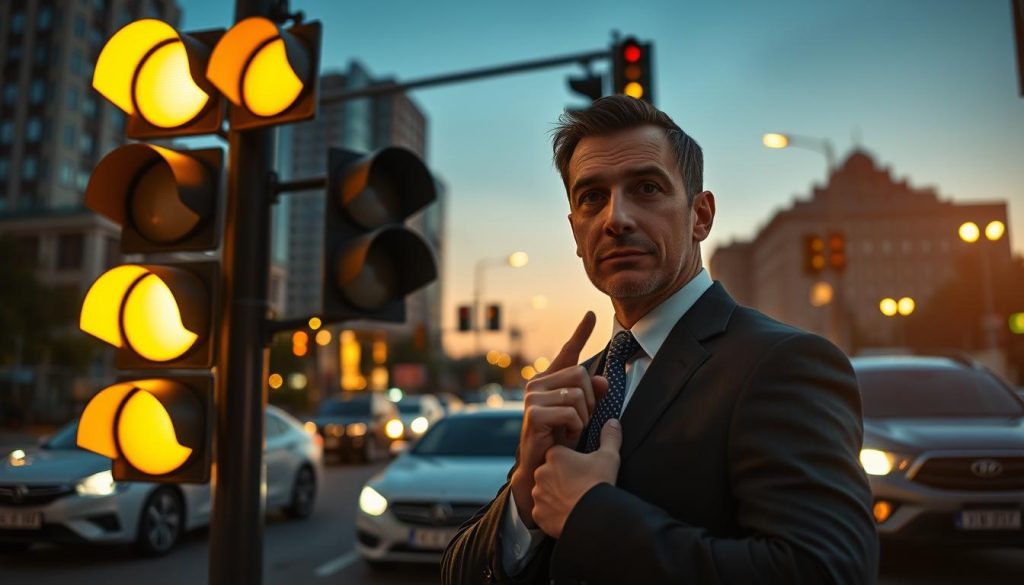 A busy city intersection at dusk, illuminated by vibrant yellow traffic lights signaling caution. In the foreground, a well-dressed driving instructor depicted with a thoughtful expression, gesturing towards the traffic lights, demonstrating the decision-making process involved in handling yellow lights. In the middle ground, several vehicles, including a compact car and a larger SUV, are positioned differently—one approaching the intersection and another stopping safely before the light. The background features blurred silhouettes of buildings and pedestrians, adding depth. The scene is bathed in a warm glow from the streetlights and the setting sun, conveying a mood of tension yet focus. Use a slightly low angle to emphasize the significance of the traffic light. A busy city intersection at dusk, illuminated by vibrant yellow traffic lights signaling caution. In the foreground, a well-dressed driving instructor depicted with a thoughtful expression, gesturing towards the traffic lights, demonstrating the decision-making process involved in handling yellow lights. In the middle ground, several vehicles, including a compact car and a larger SUV, are positioned differently—one approaching the intersection and another stopping safely before the light. The background features blurred silhouettes of buildings and pedestrians, adding depth. The scene is bathed in a warm glow from the streetlights and the setting sun, conveying a mood of tension yet focus. Use a slightly low angle to emphasize the significance of the traffic light.