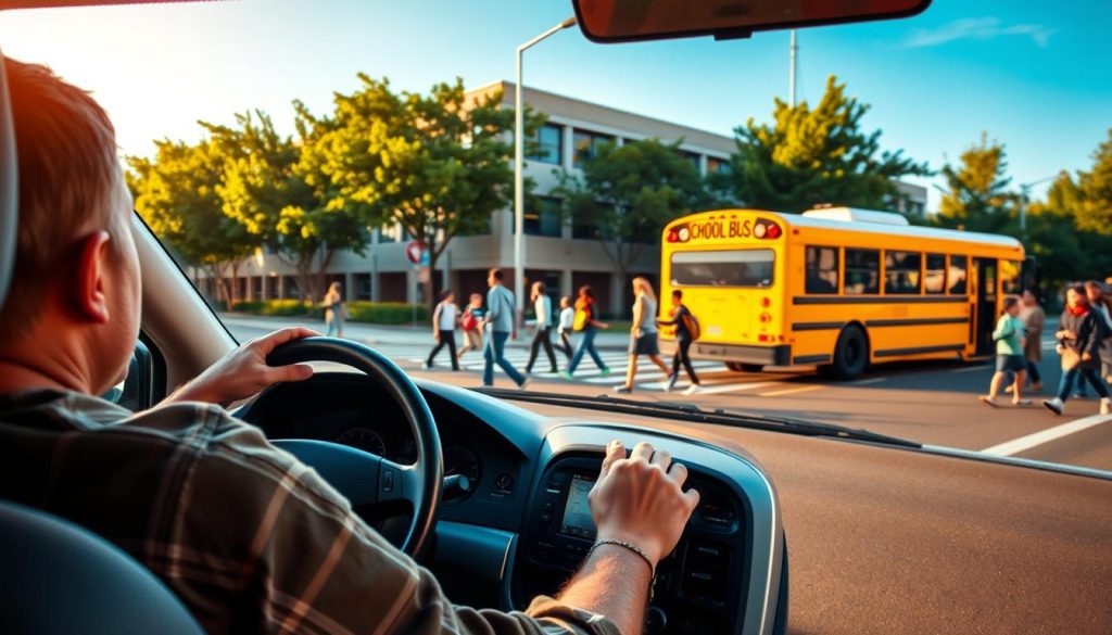 A busy school intersection during early morning, capturing the essence of defensive driving in a vibrant urban setting. In the foreground, a cautious driver in a modest casual outfit is attentively observing the road ahead, with their hands on the steering wheel. Beside them, a brightly colored school bus is stopping, with children walking on the sidewalk. In the middle, pedestrians are crossing the street, showcasing diverse individuals, including students in uniforms and parents with toddlers. The background features a modern school building, embellished with green trees and a clear blue sky, symbolizing a safe and inviting environment. The lighting is warm and natural, simulating the soft glow of sunrise, highlighting the importance of vigilance in such high-traffic areas. The scene conveys a mood of awareness and responsibility essential for safe driving practices near schools. A busy school intersection during early morning, capturing the essence of defensive driving in a vibrant urban setting. In the foreground, a cautious driver in a modest casual outfit is attentively observing the road ahead, with their hands on the steering wheel. Beside them, a brightly colored school bus is stopping, with children walking on the sidewalk. In the middle, pedestrians are crossing the street, showcasing diverse individuals, including students in uniforms and parents with toddlers. The background features a modern school building, embellished with green trees and a clear blue sky, symbolizing a safe and inviting environment. The lighting is warm and natural, simulating the soft glow of sunrise, highlighting the importance of vigilance in such high-traffic areas. The scene conveys a mood of awareness and responsibility essential for safe driving practices near schools.