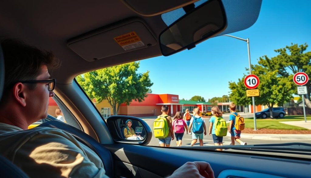 A busy school zone during peak hours, with a focus on child safety while driving. In the foreground, a concerned driver in a modest casual outfit looks attentively at a group of children crossing the road, wearing bright, colorful school backpacks. The middle ground features the children, ranging from toddlers to teenagers, making their way to the school entrance, surrounded by vibrant school buildings. In the background, a clear blue sky enhances the cheerful atmosphere, while traffic signs indicating reduced speed limits are positioned nearby. The lighting is warm and bright, suggesting a sunny day, with gentle shadows cast by nearby trees. The angle is slightly elevated to capture both the driver's perspective and the vulnerable position of the children, emphasizing the importance of caution in this high-risk area. A busy school zone during peak hours, with a focus on child safety while driving. In the foreground, a concerned driver in a modest casual outfit looks attentively at a group of children crossing the road, wearing bright, colorful school backpacks. The middle ground features the children, ranging from toddlers to teenagers, making their way to the school entrance, surrounded by vibrant school buildings. In the background, a clear blue sky enhances the cheerful atmosphere, while traffic signs indicating reduced speed limits are positioned nearby. The lighting is warm and bright, suggesting a sunny day, with gentle shadows cast by nearby trees. The angle is slightly elevated to capture both the driver's perspective and the vulnerable position of the children, emphasizing the importance of caution in this high-risk area.