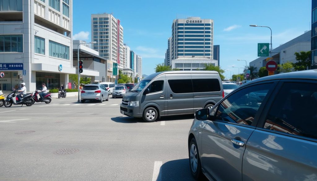 A busy street scene in Taiwan showing various vehicles navigating around temporarily parked cars. In the foreground, a small sedan cautiously maneuvers around a double-parked van, with visible traffic signs and road markings highlighting the situation. The middle ground features a mix of cars, scooters, and pedestrians, illustrating the dynamics of urban driving. In the background, a clear blue sky and modern buildings provide context. The image is well-lit, capturing the subtleties of daylight filtering through nearby structures. The atmosphere conveys a sense of urgency and focus, emphasizing safe driving practices in a bustling urban environment. A busy street scene in Taiwan showing various vehicles navigating around temporarily parked cars. In the foreground, a small sedan cautiously maneuvers around a double-parked van, with visible traffic signs and road markings highlighting the situation. The middle ground features a mix of cars, scooters, and pedestrians, illustrating the dynamics of urban driving. In the background, a clear blue sky and modern buildings provide context. The image is well-lit, capturing the subtleties of daylight filtering through nearby structures. The atmosphere conveys a sense of urgency and focus, emphasizing safe driving practices in a bustling urban environment.