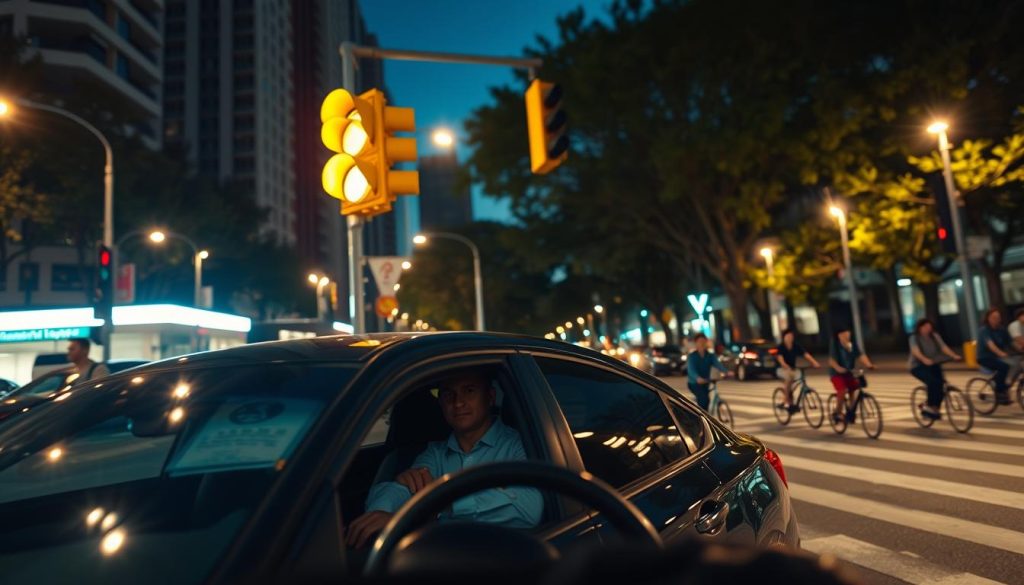 A busy urban intersection at twilight, illuminated by the warm glow of streetlights, where a yellow traffic light hangs prominently above the crosswalk. In the foreground, a cautious driver in a modern sedan, wearing smart casual clothing, is about to make a decision—stop or proceed—reflecting tension and awareness of traffic rules. In the middle ground, pedestrians are waiting at the crosswalk, looking on anxiously, while cyclists navigate the scene, portraying the complexity of urban mobility. The background features tall buildings and trees, softly blurred to emphasize the light and the action at the intersection. The overall atmosphere is tense yet educational, capturing the critical moment of decision-making under traffic conditions. Use a wide-angle lens effect to create depth and a cinematic feel. A busy urban intersection at twilight, illuminated by the warm glow of streetlights, where a yellow traffic light hangs prominently above the crosswalk. In the foreground, a cautious driver in a modern sedan, wearing smart casual clothing, is about to make a decision—stop or proceed—reflecting tension and awareness of traffic rules. In the middle ground, pedestrians are waiting at the crosswalk, looking on anxiously, while cyclists navigate the scene, portraying the complexity of urban mobility. The background features tall buildings and trees, softly blurred to emphasize the light and the action at the intersection. The overall atmosphere is tense yet educational, capturing the critical moment of decision-making under traffic conditions. Use a wide-angle lens effect to create depth and a cinematic feel.
