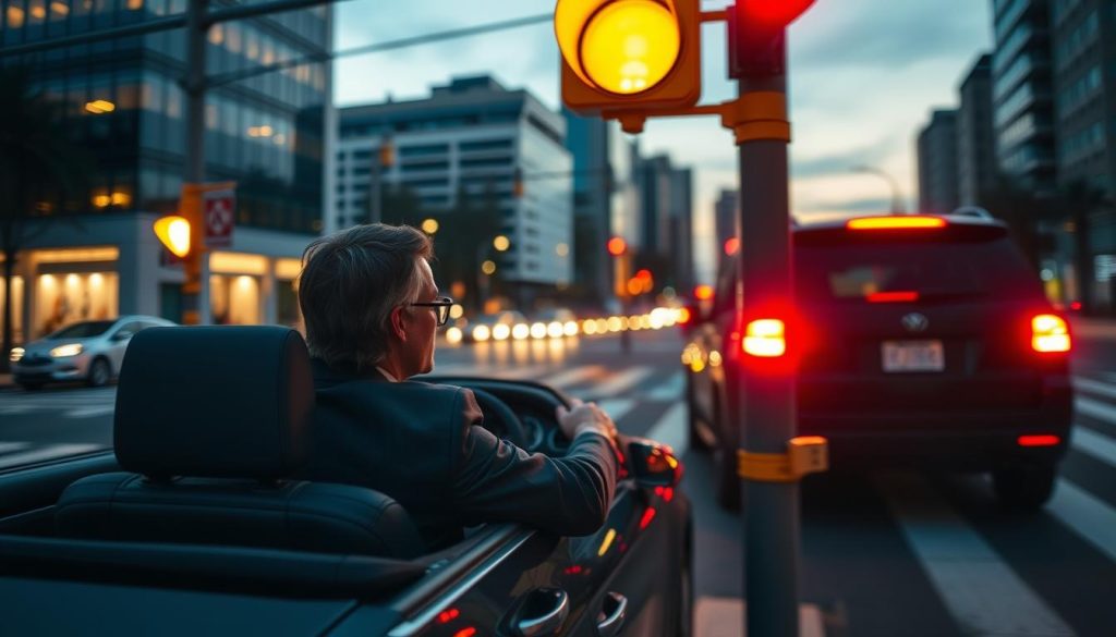 A busy urban intersection during dusk, illuminated by a glowing yellow traffic light in the foreground. A well-dressed driving instructor sits in the driver's seat of a parked car, focused on assessing the road ahead. In the middle ground, a blurred motion of a vehicle approaches the intersection, showing its brake lights just beginning to activate, indicating a decision-making moment. The background features city buildings with reflective glass, enhancing the dynamic atmosphere. Soft, warm lighting enhances the scene, creating a sense of urgency and caution. The overall mood is tense yet educational, capturing the moment of judgment in driving safety. A busy urban intersection during dusk, illuminated by a glowing yellow traffic light in the foreground. A well-dressed driving instructor sits in the driver's seat of a parked car, focused on assessing the road ahead. In the middle ground, a blurred motion of a vehicle approaches the intersection, showing its brake lights just beginning to activate, indicating a decision-making moment. The background features city buildings with reflective glass, enhancing the dynamic atmosphere. Soft, warm lighting enhances the scene, creating a sense of urgency and caution. The overall mood is tense yet educational, capturing the moment of judgment in driving safety.