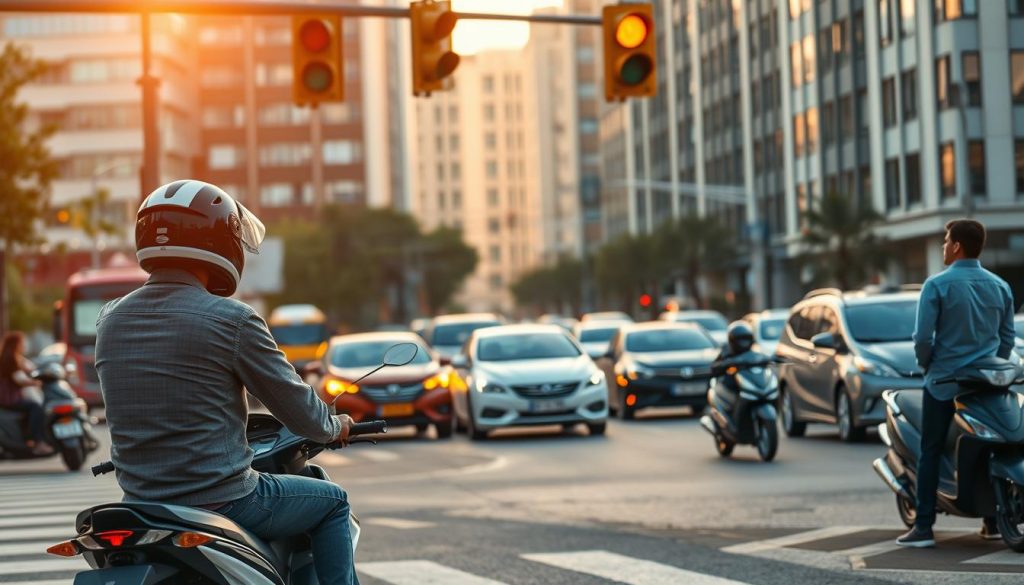 A busy urban intersection during late afternoon, showcasing a yellow traffic light illuminated above. In the foreground, a motorcycle is paused, with a cautious rider wearing a helmet and modest clothing, observing the surroundings. Just to the side, a pedestrian waits at the curb, dressed in professional casual attire, looking attentively at the traffic. The middle ground features a diverse array of vehicles, both cars and scooters, approaching the intersection, reflecting the dynamic flow of city life. The background displays tall buildings with windows catching the warm sunlight, casting long shadows. The atmosphere is tense yet focused, emphasizing the importance of safety awareness at a critical moment when the yellow light signals caution. The scene conveys a balance between movement and hesitation, capturing the essence of urban traffic dynamics. A busy urban intersection during late afternoon, showcasing a yellow traffic light illuminated above. In the foreground, a motorcycle is paused, with a cautious rider wearing a helmet and modest clothing, observing the surroundings. Just to the side, a pedestrian waits at the curb, dressed in professional casual attire, looking attentively at the traffic. The middle ground features a diverse array of vehicles, both cars and scooters, approaching the intersection, reflecting the dynamic flow of city life. The background displays tall buildings with windows catching the warm sunlight, casting long shadows. The atmosphere is tense yet focused, emphasizing the importance of safety awareness at a critical moment when the yellow light signals caution. The scene conveys a balance between movement and hesitation, capturing the essence of urban traffic dynamics.