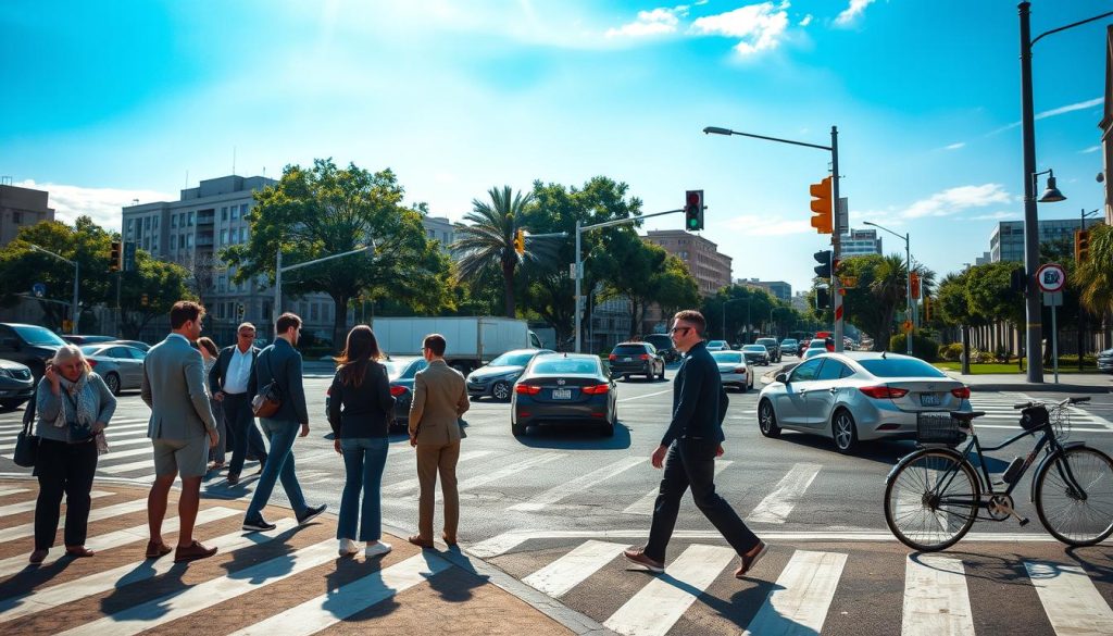 A busy urban intersection showcasing a well-defined crosswalk, where pedestrians are cautiously preparing to cross the street. In the foreground, a diverse group of pedestrians, dressed in professional and modest casual attire, stand at the edge of the crosswalk, looking both ways. The middle ground features various vehicles, including cars and bicycles, slowing down, with alert drivers looking towards the pedestrians. The background reveals city buildings, traffic lights, and trees, under a bright, blue sky with soft sunlight casting gentle shadows. The scene conveys a sense of urgency and safety awareness, emphasizing the importance of vigilance and caution when approaching crosswalks in urban driving environments. The angle is slightly elevated, providing a comprehensive view of the interaction between pedestrians and vehicles. A busy urban intersection showcasing a well-defined crosswalk, where pedestrians are cautiously preparing to cross the street. In the foreground, a diverse group of pedestrians, dressed in professional and modest casual attire, stand at the edge of the crosswalk, looking both ways. The middle ground features various vehicles, including cars and bicycles, slowing down, with alert drivers looking towards the pedestrians. The background reveals city buildings, traffic lights, and trees, under a bright, blue sky with soft sunlight casting gentle shadows. The scene conveys a sense of urgency and safety awareness, emphasizing the importance of vigilance and caution when approaching crosswalks in urban driving environments. The angle is slightly elevated, providing a comprehensive view of the interaction between pedestrians and vehicles.