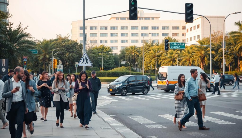 A busy urban scene depicting a hospital setting with pedestrians and vehicles navigating traffic safely. In the foreground, a diverse group of individuals in professional attire and modest casual clothing are walking along a wide, well-marked sidewalk. Some are interacting with smartphones, while others are chatting, showcasing a sense of community. The middle-ground features vehicles stopped at a clearly marked crosswalk, waiting for pedestrians to safely cross. Traffic signs and signals are distinctly visible, emphasizing pedestrian safety. In the background, a modern hospital building is nestled among greenery, bathed in warm afternoon light. The mood is calm and cooperative, with an air of vigilance and care as people prioritize safety while moving through this high-foot-traffic area. The perspective is slightly elevated for a comprehensive view of the scene. A busy urban scene depicting a hospital setting with pedestrians and vehicles navigating traffic safely. In the foreground, a diverse group of individuals in professional attire and modest casual clothing are walking along a wide, well-marked sidewalk. Some are interacting with smartphones, while others are chatting, showcasing a sense of community. The middle-ground features vehicles stopped at a clearly marked crosswalk, waiting for pedestrians to safely cross. Traffic signs and signals are distinctly visible, emphasizing pedestrian safety. In the background, a modern hospital building is nestled among greenery, bathed in warm afternoon light. The mood is calm and cooperative, with an air of vigilance and care as people prioritize safety while moving through this high-foot-traffic area. The perspective is slightly elevated for a comprehensive view of the scene.