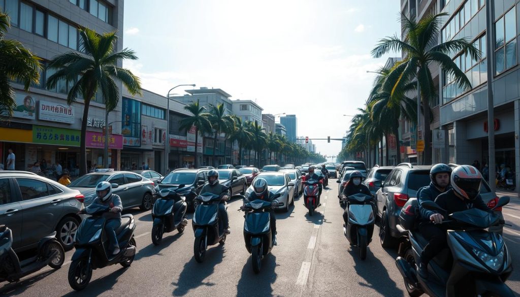 A busy urban street in Taiwan during daylight, showcasing a typical road section where scooters frequently navigate through traffic. In the foreground, several scooters are seen weaving between cars, highlighting the common maneuvering patterns. The middle ground features a mix of sedan vehicles, some slowing down as they approach traffic lights, while others are creeping forward, creating a dynamic flow. The background consists of vibrant storefronts and palm trees lining the road, under a clear blue sky with soft sunlight illuminating the scene. The atmosphere is lively and bustling, depicting the energy of city life. The image is captured from a slightly elevated angle, providing a comprehensive view of the traffic dynamics and scooter movement. A busy urban street in Taiwan during daylight, showcasing a typical road section where scooters frequently navigate through traffic. In the foreground, several scooters are seen weaving between cars, highlighting the common maneuvering patterns. The middle ground features a mix of sedan vehicles, some slowing down as they approach traffic lights, while others are creeping forward, creating a dynamic flow. The background consists of vibrant storefronts and palm trees lining the road, under a clear blue sky with soft sunlight illuminating the scene. The atmosphere is lively and bustling, depicting the energy of city life. The image is captured from a slightly elevated angle, providing a comprehensive view of the traffic dynamics and scooter movement.