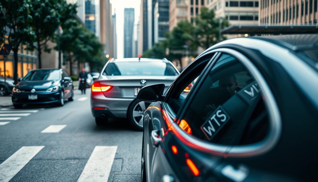 A busy urban street scene depicting a car safely navigating around a temporarily parked vehicle. In the foreground, focus on a well-lit, modern sedan with a driver in professional attire, carefully signaling with turn lights while slowing down. The middle ground shows a visually clear depiction of a parked car, angled slightly to highlight safety concerns, with reflections of city lights on its surface. In the background, tall buildings and a pedestrian walkway are visible, creating an urban atmosphere. Use soft, natural daylight to enhance visibility, with a shallow depth of field to draw attention to the car and its surroundings. The overall mood should convey caution and safety, emphasizing responsible driving techniques and awareness of blind spots. A busy urban street scene depicting a car safely navigating around a temporarily parked vehicle. In the foreground, focus on a well-lit, modern sedan with a driver in professional attire, carefully signaling with turn lights while slowing down. The middle ground shows a visually clear depiction of a parked car, angled slightly to highlight safety concerns, with reflections of city lights on its surface. In the background, tall buildings and a pedestrian walkway are visible, creating an urban atmosphere. Use soft, natural daylight to enhance visibility, with a shallow depth of field to draw attention to the car and its surroundings. The overall mood should convey caution and safety, emphasizing responsible driving techniques and awareness of blind spots.