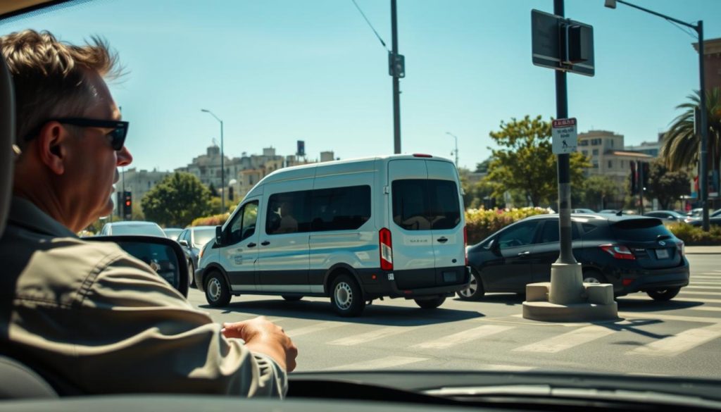 A busy urban street scene during the day, showcasing a variety of parked cars creating potential blind spots for drivers. In the foreground, a driver in a modest casual outfit is cautiously looking to the left, preparing to maneuver around a temporary parked vehicle. The middle ground features a visually prominent van and a compact car, partially obscured by visual obstacles like a street pole and bushes, emphasizing the importance of awareness. The background reveals a cityscape with buildings and trees under clear blue skies, capturing the hustle and bustle of everyday life, illuminated by bright sunlight casting sharp shadows. The mood is tense yet focused, highlighting the need for safety and vigilance while driving near stationary vehicles. A busy urban street scene during the day, showcasing a variety of parked cars creating potential blind spots for drivers. In the foreground, a driver in a modest casual outfit is cautiously looking to the left, preparing to maneuver around a temporary parked vehicle. The middle ground features a visually prominent van and a compact car, partially obscured by visual obstacles like a street pole and bushes, emphasizing the importance of awareness. The background reveals a cityscape with buildings and trees under clear blue skies, capturing the hustle and bustle of everyday life, illuminated by bright sunlight casting sharp shadows. The mood is tense yet focused, highlighting the need for safety and vigilance while driving near stationary vehicles.