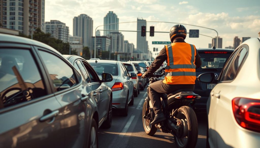 A busy urban street scene during traffic congestion, showcasing a motorcycle weaving through cars. In the foreground, a motorcycle rider in a reflective safety vest expertly navigates a tight space between two vehicles, showcasing the concept of movement and agility. The middle layer features a line of cars stuck in traffic, with frustrated drivers visible inside, emphasizing the challenge of determining space for the motorcycle. The background displays a cityscape with tall buildings and traffic lights, under a slightly cloudy sky, creating a dynamic atmosphere. The lighting is soft but clear, as if it's late afternoon, with shadows casting across the road. The image conveys a sense of urgency and focus, perfect for illustrating how to judge the motorcycle's movement in congested traffic. A busy urban street scene during traffic congestion, showcasing a motorcycle weaving through cars. In the foreground, a motorcycle rider in a reflective safety vest expertly navigates a tight space between two vehicles, showcasing the concept of movement and agility. The middle layer features a line of cars stuck in traffic, with frustrated drivers visible inside, emphasizing the challenge of determining space for the motorcycle. The background displays a cityscape with tall buildings and traffic lights, under a slightly cloudy sky, creating a dynamic atmosphere. The lighting is soft but clear, as if it's late afternoon, with shadows casting across the road. The image conveys a sense of urgency and focus, perfect for illustrating how to judge the motorcycle's movement in congested traffic.