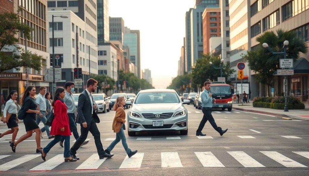 A busy urban street scene emphasizing road safety in high-risk areas. In the foreground, a diverse group of pedestrians, including children and adults in professional attire, are carefully crossing the street at a designated crosswalk. In the middle ground, a cautious driver in a well-maintained car is approaching the crosswalk, demonstrating awareness of their surroundings. The background features recognizable landmarks like a school and a hospital, with visible traffic signs that stress safety. The lighting is soft, reminiscent of early morning or late afternoon, creating a warm and inviting atmosphere. The angle is slightly elevated to capture the depth of the scene, highlighting the interaction between vehicles and pedestrians while promoting an overall sense of vigilance and care in higher-risk driving zones. A busy urban street scene emphasizing road safety in high-risk areas. In the foreground, a diverse group of pedestrians, including children and adults in professional attire, are carefully crossing the street at a designated crosswalk. In the middle ground, a cautious driver in a well-maintained car is approaching the crosswalk, demonstrating awareness of their surroundings. The background features recognizable landmarks like a school and a hospital, with visible traffic signs that stress safety. The lighting is soft, reminiscent of early morning or late afternoon, creating a warm and inviting atmosphere. The angle is slightly elevated to capture the depth of the scene, highlighting the interaction between vehicles and pedestrians while promoting an overall sense of vigilance and care in higher-risk driving zones.