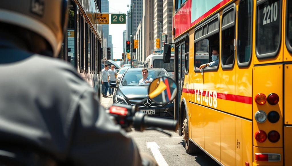 A busy urban street scene illustrating the risk of motorcycle maneuvering near large vehicles like buses and trucks. In the foreground, a motorcycle is positioned close to a large bus, indicating potential hazards. The middle section reveals a driver in a small car, looking apprehensively at the motorcycle while checking their blind spot. In the background, a bustling city environment with pedestrians and traffic signals adds context. The lighting is bright and sunny, creating a sense of urgency and alertness. The perspective is slightly elevated to capture the dynamics of the situation, emphasizing the importance of awareness in evaluating movement risks. Overall, the mood is tense yet educational, highlighting a critical moment of decision-making for drivers. A busy urban street scene illustrating the risk of motorcycle maneuvering near large vehicles like buses and trucks. In the foreground, a motorcycle is positioned close to a large bus, indicating potential hazards. The middle section reveals a driver in a small car, looking apprehensively at the motorcycle while checking their blind spot. In the background, a bustling city environment with pedestrians and traffic signals adds context. The lighting is bright and sunny, creating a sense of urgency and alertness. The perspective is slightly elevated to capture the dynamics of the situation, emphasizing the importance of awareness in evaluating movement risks. Overall, the mood is tense yet educational, highlighting a critical moment of decision-making for drivers.