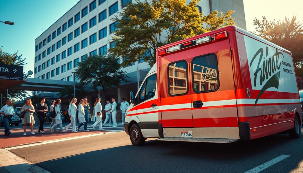 A busy urban street scene surrounding a hospital, vividly illustrating the urgency of emergency response. In the foreground, a red and white ambulance with flashing lights is pulling up to the hospital entrance, while a driver in a modest casual outfit waits patiently in a nearby vehicle, expressing attentiveness and caution. The middle ground features pedestrian walkways and a small group of nurses in professional attire, ready to assist patients. The background showcases a modern hospital building with clear blue skies and soft sunlight filtering through trees, bathing the scene in warm light. The atmosphere conveys a sense of urgency yet calmness, highlighting the importance of creating a safe environment near medical facilities. The angle captures the action from a slight elevation, providing a comprehensive view of the scenario without any distractions or text overlays. A busy urban street scene surrounding a hospital, vividly illustrating the urgency of emergency response. In the foreground, a red and white ambulance with flashing lights is pulling up to the hospital entrance, while a driver in a modest casual outfit waits patiently in a nearby vehicle, expressing attentiveness and caution. The middle ground features pedestrian walkways and a small group of nurses in professional attire, ready to assist patients. The background showcases a modern hospital building with clear blue skies and soft sunlight filtering through trees, bathing the scene in warm light. The atmosphere conveys a sense of urgency yet calmness, highlighting the importance of creating a safe environment near medical facilities. The angle captures the action from a slight elevation, providing a comprehensive view of the scenario without any distractions or text overlays.