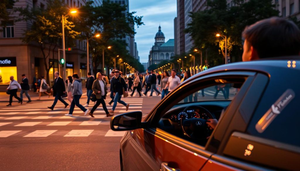 A city street scene at dusk, showcasing a crosswalk bustling with pedestrians. In the foreground, a driver in a modern car slows down, visibly focused on the pedestrians crossing the street. The driver, wearing business attire, shows signs of careful judgment as they assess the distance and speed of the people ahead. In the middle ground, a diverse group of pedestrians of varying ages and backgrounds, dressed in casual yet modest clothing, are crossing the street, some looking at the driver. Soft, golden streetlights illuminate the scene, casting long shadows and creating a warm glow. In the background, blurred outlines of urban buildings and trees enhance the city atmosphere. Capture the mood of caution and awareness, conveying the importance of deceleration in traffic situations. A city street scene at dusk, showcasing a crosswalk bustling with pedestrians. In the foreground, a driver in a modern car slows down, visibly focused on the pedestrians crossing the street. The driver, wearing business attire, shows signs of careful judgment as they assess the distance and speed of the people ahead. In the middle ground, a diverse group of pedestrians of varying ages and backgrounds, dressed in casual yet modest clothing, are crossing the street, some looking at the driver. Soft, golden streetlights illuminate the scene, casting long shadows and creating a warm glow. In the background, blurred outlines of urban buildings and trees enhance the city atmosphere. Capture the mood of caution and awareness, conveying the importance of deceleration in traffic situations.
