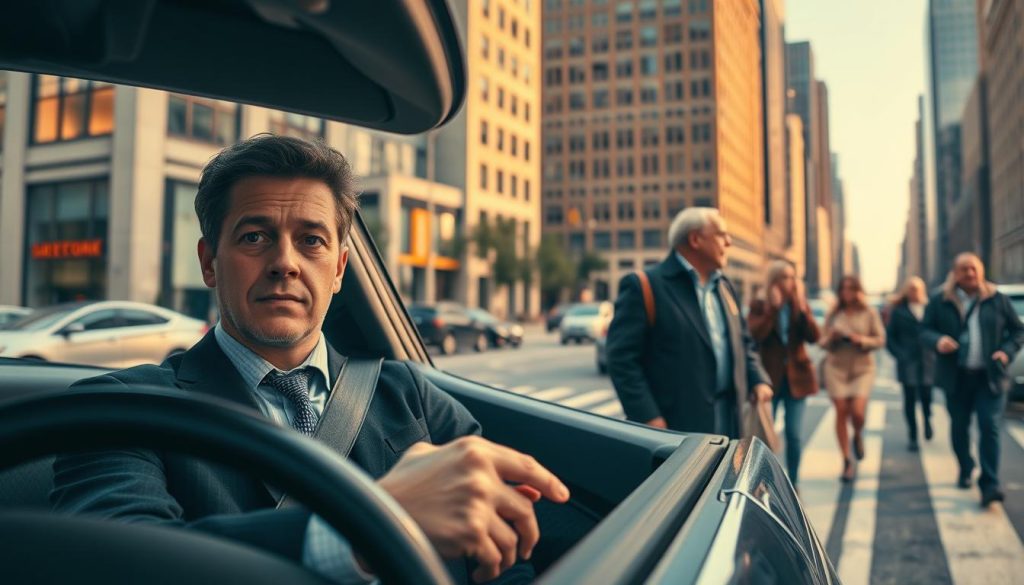 A city street scene illustrating safe driving techniques and attention management while driving in an urban environment. In the foreground, a cautious driver in a modern car, wearing professional attire, is focused on the road with a determined expression. The middle ground features various pedestrians, including a child and an elderly person, who are thoughtfully looking both ways before crossing, emphasizing the need for awareness. In the background, tall city buildings create a bustling atmosphere, bathed in warm daylight that enhances visibility. The angle is slightly elevated, capturing the driver's perspective alongside the pedestrians, highlighting the importance of vigilance. The overall mood conveys a sense of urgency and responsibility, showcasing the critical balance of attention while driving in the city. A city street scene illustrating safe driving techniques and attention management while driving in an urban environment. In the foreground, a cautious driver in a modern car, wearing professional attire, is focused on the road with a determined expression. The middle ground features various pedestrians, including a child and an elderly person, who are thoughtfully looking both ways before crossing, emphasizing the need for awareness. In the background, tall city buildings create a bustling atmosphere, bathed in warm daylight that enhances visibility. The angle is slightly elevated, capturing the driver's perspective alongside the pedestrians, highlighting the importance of vigilance. The overall mood conveys a sense of urgency and responsibility, showcasing the critical balance of attention while driving in the city.