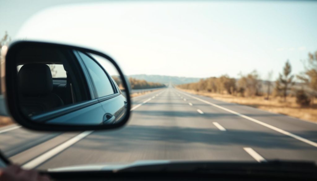 A close-up view of a car's rearview mirror reflecting the road ahead, showcasing a perfectly centered lane. In the foreground, the mirror is sharp and detailed, with the car’s interior subtly visible. In the middle background, a straight road stretches out with clear lane markings, enhancing the perspective of distance judgment. The scenery on either side of the road is composed of gently blurred trees and roadside elements to emphasize focus on the road. Soft, natural lighting fills the scene, creating a calm and focused atmosphere. The angle is slightly tilted to suggest motion, inviting a sense of engagement while maintaining realism. This visual aids in understanding vehicle position relative to lane boundaries. A close-up view of a car's rearview mirror reflecting the road ahead, showcasing a perfectly centered lane. In the foreground, the mirror is sharp and detailed, with the car’s interior subtly visible. In the middle background, a straight road stretches out with clear lane markings, enhancing the perspective of distance judgment. The scenery on either side of the road is composed of gently blurred trees and roadside elements to emphasize focus on the road. Soft, natural lighting fills the scene, creating a calm and focused atmosphere. The angle is slightly tilted to suggest motion, inviting a sense of engagement while maintaining realism. This visual aids in understanding vehicle position relative to lane boundaries.
