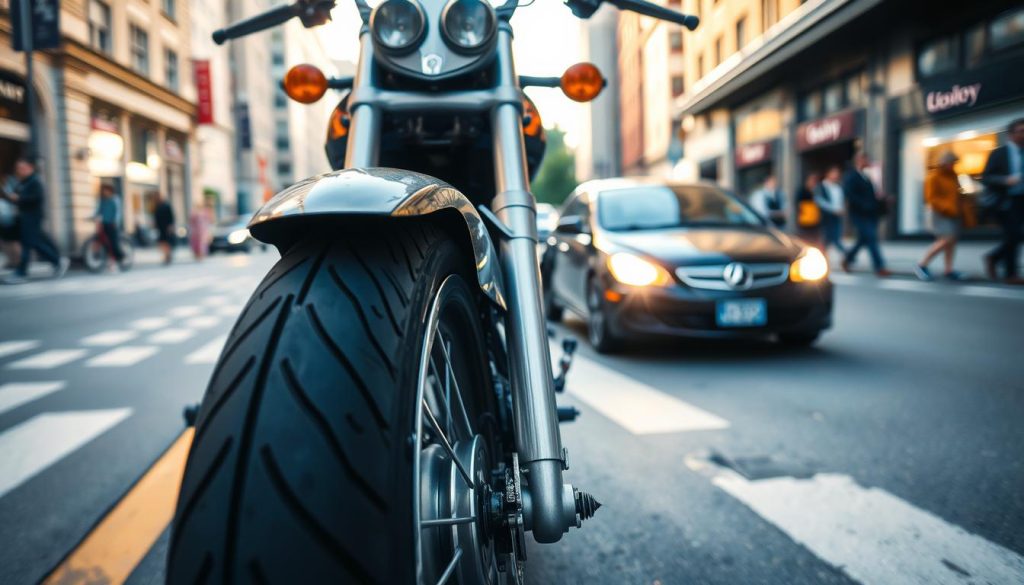 A close-up view of a motorcycle's front wheel, positioned prominently in the foreground. The motorcycle is parked on a busy city street, with visible directional indicators showing the potential path it could take. In the middle ground, a moving car approaches, capturing the critical moment of observation. The background features a blurred urban environment, with pedestrians and other vehicles to enhance the hustle and bustle of city life. The lighting is natural, suggesting late afternoon sunlight casting soft shadows, creating a warm atmosphere. The focus is sharp on the motorcycle's wheel to emphasize its direction, while the car remains slightly out of focus, underscoring the importance of understanding the motorcycle's movement for safe driving decisions. A close-up view of a motorcycle's front wheel, positioned prominently in the foreground. The motorcycle is parked on a busy city street, with visible directional indicators showing the potential path it could take. In the middle ground, a moving car approaches, capturing the critical moment of observation. The background features a blurred urban environment, with pedestrians and other vehicles to enhance the hustle and bustle of city life. The lighting is natural, suggesting late afternoon sunlight casting soft shadows, creating a warm atmosphere. The focus is sharp on the motorcycle's wheel to emphasize its direction, while the car remains slightly out of focus, underscoring the importance of understanding the motorcycle's movement for safe driving decisions.