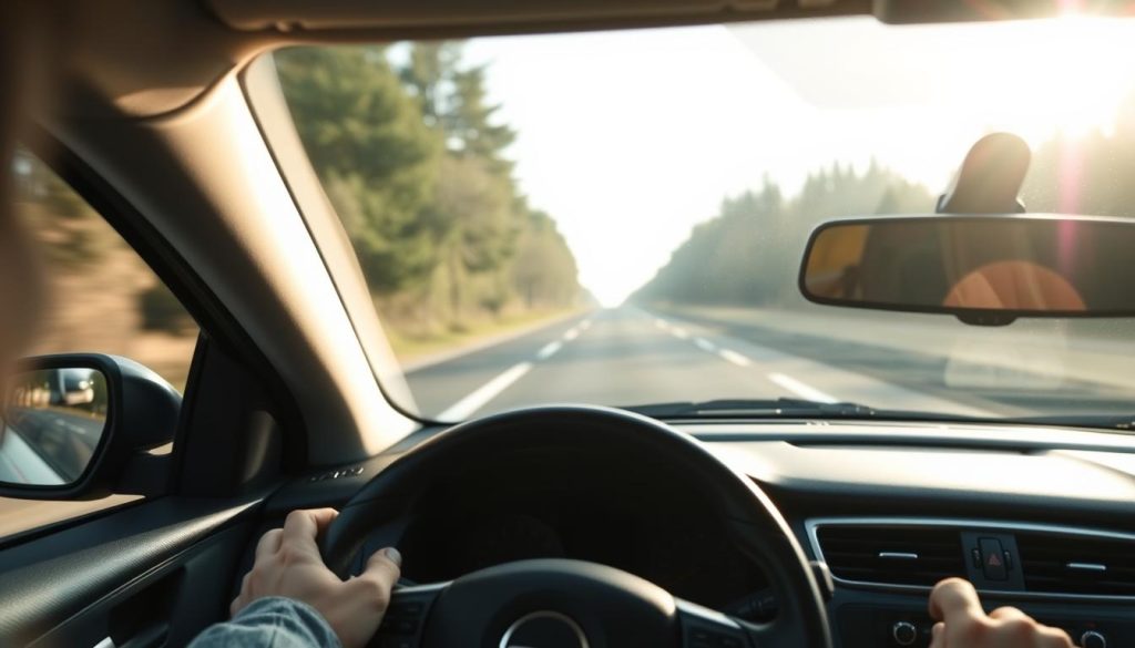 A close-up view of the interior of a car focusing on the dashboard and windshield view. The focal point is the reference points inside the vehicle, including the steering wheel, dashboard, and side mirrors, providing a clear perspective for judging the front distance. Soft, natural lighting filters through the windshield, enhancing the clarity of the scene. The angle is slightly from the driver’s seat, emphasizing the importance of spatial awareness while driving. No people are present in the image, allowing the focus to remain on the car's interior elements and the reference points. The overall mood is informative and instructional, ideal for a driving tutorial.