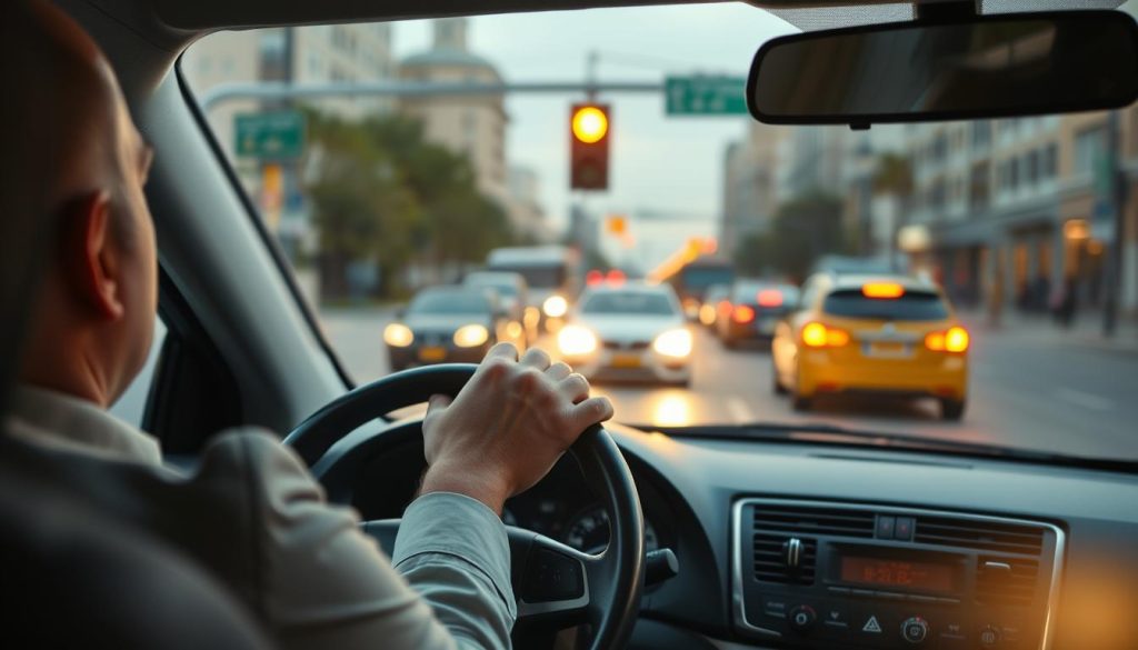 A defensive driving scene at a traffic light changing to yellow, capturing a moment of decision-making. In the foreground, a focused driver in professional attire is gripping the steering wheel, displaying a calm yet attentive expression. In the middle ground, the intersection is visible, with a yellow traffic light illuminated above. Surrounding vehicles are positioned to show varied reactions: some slowing down while others accelerate cautiously. The background features a cityscape with blurred buildings and pedestrians, emphasizing the urban setting. Soft, natural lighting highlights the scene, suggesting early evening. The mood conveys a sense of alertness and responsibility, encouraging safe driving practices. A defensive driving scene at a traffic light changing to yellow, capturing a moment of decision-making. In the foreground, a focused driver in professional attire is gripping the steering wheel, displaying a calm yet attentive expression. In the middle ground, the intersection is visible, with a yellow traffic light illuminated above. Surrounding vehicles are positioned to show varied reactions: some slowing down while others accelerate cautiously. The background features a cityscape with blurred buildings and pedestrians, emphasizing the urban setting. Soft, natural lighting highlights the scene, suggesting early evening. The mood conveys a sense of alertness and responsibility, encouraging safe driving practices.