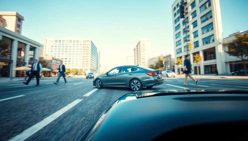 A defensive driving scene showcasing a vehicle skillfully maneuvering around a temporarily parked car on a busy street. In the foreground, the car expertly navigates the narrow gap with cautious precision. The middle ground features the parked vehicle, partially blocking a lane, while pedestrians in professional attire are shown safely observing the situation. In the background, urban buildings and a clear blue sky complement a vibrant city atmosphere. The lighting is soft yet bright, suggesting early afternoon, with natural sunlight casting subtle shadows. The angle captures a dynamic viewpoint, emphasizing the importance of awareness and vigilance while driving. The overall mood conveys safety, professionalism, and active engagement in defensive driving practices. A defensive driving scene showcasing a vehicle skillfully maneuvering around a temporarily parked car on a busy street. In the foreground, the car expertly navigates the narrow gap with cautious precision. The middle ground features the parked vehicle, partially blocking a lane, while pedestrians in professional attire are shown safely observing the situation. In the background, urban buildings and a clear blue sky complement a vibrant city atmosphere. The lighting is soft yet bright, suggesting early afternoon, with natural sunlight casting subtle shadows. The angle captures a dynamic viewpoint, emphasizing the importance of awareness and vigilance while driving. The overall mood conveys safety, professionalism, and active engagement in defensive driving practices.