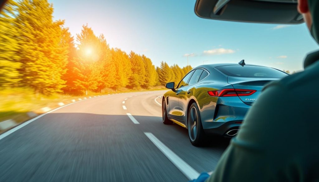 A detailed and dynamic scene illustrating the concept of "turning technique and vehicle positioning." In the foreground, a skilled driving instructor demonstrates the correct steering angle with a focus on a sleek, modern car positioned on a curved road. The middle layer features a well-marked road showing clear boundaries and optimal turning paths. In the background, lush green trees and a blue sky create a tranquil atmosphere, while sunlight filters through, enhancing the scene's clarity. The shot is captured at a slight low angle to emphasize the turn and the car's position on the road, creating a sense of realism and engagement. The overall mood is educational and professional, aimed at enhancing understanding of successful turning techniques in driving. A detailed and dynamic scene illustrating the concept of "turning technique and vehicle positioning." In the foreground, a skilled driving instructor demonstrates the correct steering angle with a focus on a sleek, modern car positioned on a curved road. The middle layer features a well-marked road showing clear boundaries and optimal turning paths. In the background, lush green trees and a blue sky create a tranquil atmosphere, while sunlight filters through, enhancing the scene's clarity. The shot is captured at a slight low angle to emphasize the turn and the car's position on the road, creating a sense of realism and engagement. The overall mood is educational and professional, aimed at enhancing understanding of successful turning techniques in driving.