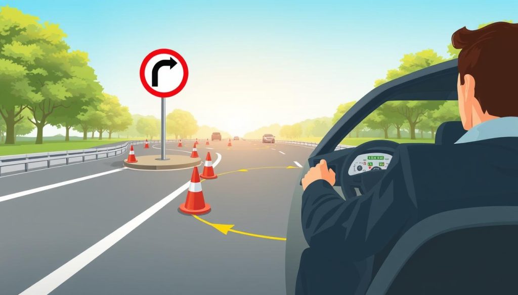 A detailed and instructional illustration of the method for judging turning radii while driving. In the foreground, depict a driver in professional business attire, focused on steering a car around a clearly marked curve. The car should be a modern sedan, showcasing dynamics of motion as it navigates the turn. In the middle ground, illustrate a road sign indicating the recommended turning radius, along with visual indicators like cones or markers outlining the curve. The background features a serene driving environment, including trees and a clear blue sky, set in soft daylight. Utilize a wide-angle lens effect to enhance perspective, with soft shadows to create an inviting atmosphere, emphasizing clarity and professionalism in the guidance provided. A detailed and instructional illustration of the method for judging turning radii while driving. In the foreground, depict a driver in professional business attire, focused on steering a car around a clearly marked curve. The car should be a modern sedan, showcasing dynamics of motion as it navigates the turn. In the middle ground, illustrate a road sign indicating the recommended turning radius, along with visual indicators like cones or markers outlining the curve. The background features a serene driving environment, including trees and a clear blue sky, set in soft daylight. Utilize a wide-angle lens effect to enhance perspective, with soft shadows to create an inviting atmosphere, emphasizing clarity and professionalism in the guidance provided.