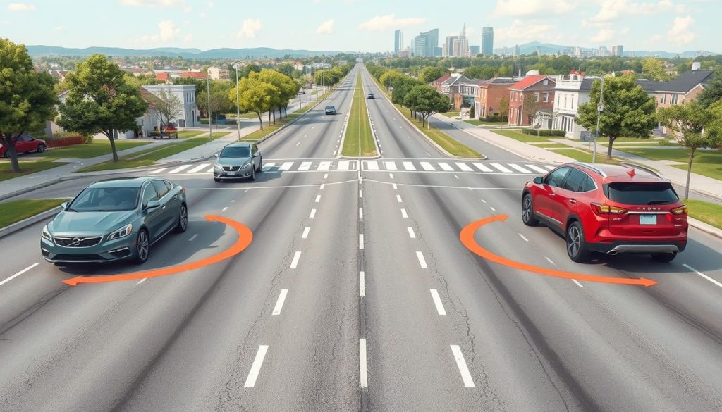 A detailed illustration depicting different turning radii for vehicles on roads of various widths. In the foreground, show two cars—a compact sedan and a larger SUV—executing turns at distinct angles, with clear demarcations indicating the turning paths. The middle ground features a variety of road widths ranging from narrow city streets to wider suburban avenues, demonstrating the impact on turning radius. In the background, a scenic urban landscape with trees and buildings adds context to the road setting. Utilize soft, natural daylight to illuminate the scene, capturing reflective details on the cars' surfaces, while maintaining a professional, instructional atmosphere. The angle should provide a slight bird's-eye view, enhancing the educational aspect without any text or overlays. A detailed illustration depicting different turning radii for vehicles on roads of various widths. In the foreground, show two cars—a compact sedan and a larger SUV—executing turns at distinct angles, with clear demarcations indicating the turning paths. The middle ground features a variety of road widths ranging from narrow city streets to wider suburban avenues, demonstrating the impact on turning radius. In the background, a scenic urban landscape with trees and buildings adds context to the road setting. Utilize soft, natural daylight to illuminate the scene, capturing reflective details on the cars' surfaces, while maintaining a professional, instructional atmosphere. The angle should provide a slight bird's-eye view, enhancing the educational aspect without any text or overlays.