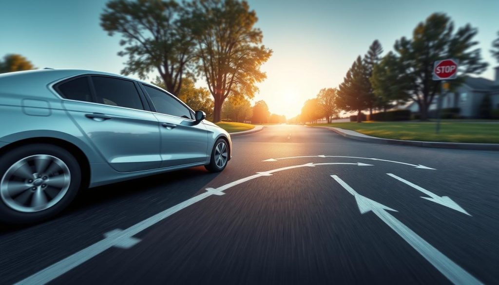 A detailed illustration of a car making a right turn, demonstrating the concept of inner wheel tracking and turning radius. In the foreground, focus on a side view of a sedan executing a right turn, with highlighted stress points on the tires to indicate the inner wheel difference. In the middle, show a clearly marked road with arrows indicating the vehicle's path and turning radius, using a dashed line for clarity. In the background, include a suburban setting with trees and a traffic sign, illuminated by soft afternoon sunlight. The atmosphere should be educational and serious, emphasizing safety. Use a wide-angle perspective to capture the entire scene without any text or markings. A detailed illustration of a car making a right turn, demonstrating the concept of inner wheel tracking and turning radius. In the foreground, focus on a side view of a sedan executing a right turn, with highlighted stress points on the tires to indicate the inner wheel difference. In the middle, show a clearly marked road with arrows indicating the vehicle's path and turning radius, using a dashed line for clarity. In the background, include a suburban setting with trees and a traffic sign, illuminated by soft afternoon sunlight. The atmosphere should be educational and serious, emphasizing safety. Use a wide-angle perspective to capture the entire scene without any text or markings.