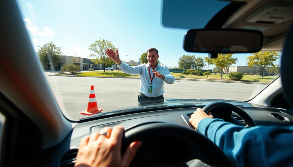 A detailed scene illustrating a driving training environment, focused on a novice driver experiencing distance perception with their vehicle's front end. In the foreground, a car park is visible, showcasing a compact car approaching a clearly marked obstacle, such as a parking cone, emphasizing the distance between them. The middle ground presents a driving instructor, wearing professional casual attire, guiding the driver with gestures that indicate depth perception and spatial awareness. The background features a bright, sunny day with well-defined shadows, and a clear sky to enhance visibility. The angle captures the driver's perspective from inside the car, showing the dashboard and the front view of the obstacle. The overall mood is instructional and focused, conveying a sense of learning and growth in driving skills.