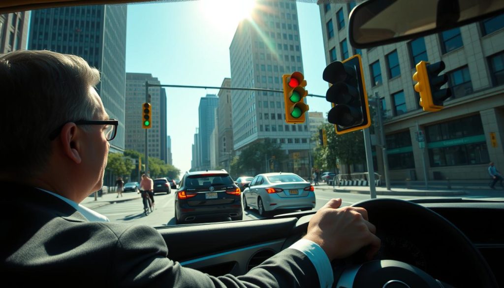 A detailed urban driving scene illustrating a busy intersection, focusing on a clear traffic light changing from green to yellow. In the foreground, a well-dressed, attentive driver in a modern sedan observes the traffic signal, reflecting a sense of focus and foresight. The middle ground shows other vehicles in motion, including a cyclist cautiously approaching the intersection. The background features tall buildings and pedestrians on the sidewalks, under a bright blue sky with soft sunlight filtering through. The atmosphere is dynamic yet controlled, emphasizing the importance of understanding traffic signals for safe driving. The image should utilize a wide-angle lens perspective to capture the full scope of the scene, highlighting the intricate interplay between vehicles and traffic signals. A detailed urban driving scene illustrating a busy intersection, focusing on a clear traffic light changing from green to yellow. In the foreground, a well-dressed, attentive driver in a modern sedan observes the traffic signal, reflecting a sense of focus and foresight. The middle ground shows other vehicles in motion, including a cyclist cautiously approaching the intersection. The background features tall buildings and pedestrians on the sidewalks, under a bright blue sky with soft sunlight filtering through. The atmosphere is dynamic yet controlled, emphasizing the importance of understanding traffic signals for safe driving. The image should utilize a wide-angle lens perspective to capture the full scope of the scene, highlighting the intricate interplay between vehicles and traffic signals.