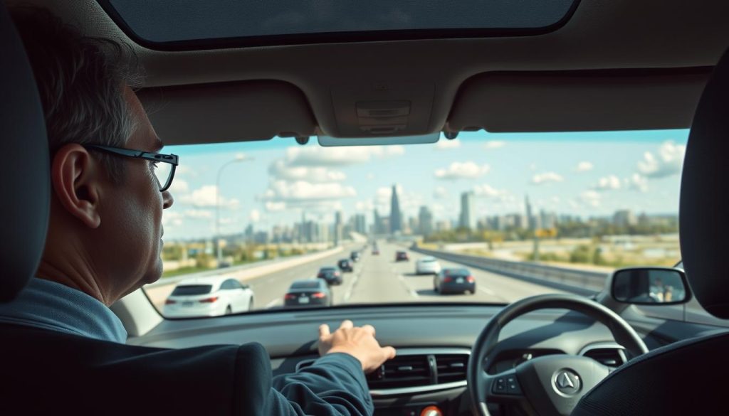 A detailed view of a driver inside a modern car, focused intently on the road ahead as they prepare to change lanes. In the foreground, the driver, a middle-aged man in professional business attire, is looking out through the windshield, with a determined expression. The middle ground features a busy highway with multiple lanes, other vehicles in motion, and dynamic reflections of sunlight on the car windows. In the background, a city skyline stretches under a clear blue sky, with light fluffy clouds. The scene captures a moment of keen observation, conveying the importance of road awareness and anticipation in safe driving. Soft, natural lighting enhances the realism, with a slight lens blur effect to emphasize the driver's focus on the ahead road conditions. The overall mood is one of concentration and safety awareness. A detailed view of a driver inside a modern car, focused intently on the road ahead as they prepare to change lanes. In the foreground, the driver, a middle-aged man in professional business attire, is looking out through the windshield, with a determined expression. The middle ground features a busy highway with multiple lanes, other vehicles in motion, and dynamic reflections of sunlight on the car windows. In the background, a city skyline stretches under a clear blue sky, with light fluffy clouds. The scene captures a moment of keen observation, conveying the importance of road awareness and anticipation in safe driving. Soft, natural lighting enhances the realism, with a slight lens blur effect to emphasize the driver's focus on the ahead road conditions. The overall mood is one of concentration and safety awareness.