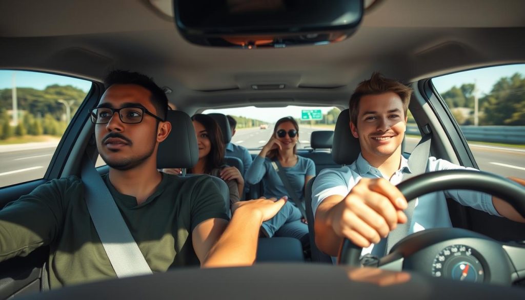 A driving scene focusing on a diverse group of beginner drivers, seated inside a modern car, demonstrating techniques for correcting lane departure. In the foreground, a close-up of a focused driver adjusting the steering wheel, showcasing their determination. The middle ground features the dashboard with visible speedometer and lane departure warning indicators. In the background, a blurred highway with clear lane markings to emphasize lane position. The lighting is vibrant and natural, simulating a sunny day, with a slight lens flare to convey optimism. The mood is focused and educational, capturing the essence of learning safe driving techniques through visual engagement. A driving scene focusing on a diverse group of beginner drivers, seated inside a modern car, demonstrating techniques for correcting lane departure. In the foreground, a close-up of a focused driver adjusting the steering wheel, showcasing their determination. The middle ground features the dashboard with visible speedometer and lane departure warning indicators. In the background, a blurred highway with clear lane markings to emphasize lane position. The lighting is vibrant and natural, simulating a sunny day, with a slight lens flare to convey optimism. The mood is focused and educational, capturing the essence of learning safe driving techniques through visual engagement.