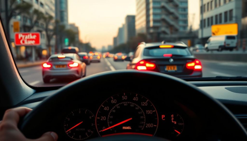 A dynamic driving scene depicting a car decelerating smoothly in response to brake lights illuminating in front. In the foreground, show the dashboard of the car, highlighting the speedometer indicating a gradual decrease in speed. In the middle ground, emphasize a view of the car's rear, with vivid red brake lights glowing brightly, signaling to the following vehicles. The background includes a busy city street with other vehicles maintaining a safe distance, reflecting the concept of maintaining safe driving practices. Utilize warm, natural lighting to convey a calm atmosphere, and capture this moment from a slightly elevated angle, showcasing the tension between the driver’s perception and the road ahead. The overall mood should evoke a sense of awareness and proactive driving. A dynamic driving scene depicting a car decelerating smoothly in response to brake lights illuminating in front. In the foreground, show the dashboard of the car, highlighting the speedometer indicating a gradual decrease in speed. In the middle ground, emphasize a view of the car's rear, with vivid red brake lights glowing brightly, signaling to the following vehicles. The background includes a busy city street with other vehicles maintaining a safe distance, reflecting the concept of maintaining safe driving practices. Utilize warm, natural lighting to convey a calm atmosphere, and capture this moment from a slightly elevated angle, showcasing the tension between the driver’s perception and the road ahead. The overall mood should evoke a sense of awareness and proactive driving.