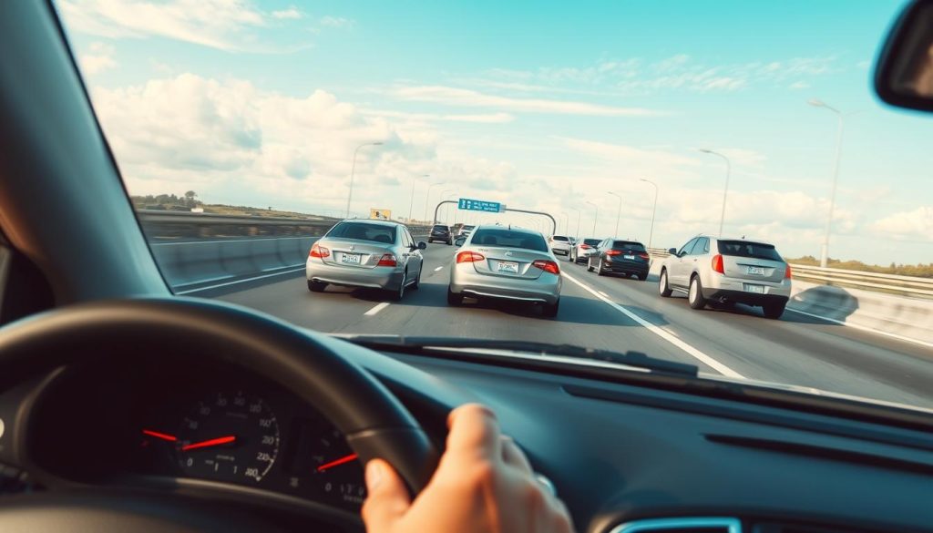 A dynamic driving scene illustrating the concept of safe following distance on a busy highway. In the foreground, a well-maintained car with a clear view of its dashboard and distance indicators, highlighting the driver's careful monitoring of the road ahead. In the middle ground, several cars are positioned at a safe distance from one another, showing different types including sedans and SUVs, while maintaining a smooth flow of traffic. The background features a clear blue sky with soft clouds, enhancing a calm and focused atmosphere. The scene is illuminated by bright daylight, giving it a vibrant feel, with a slight perspective tilt to emphasize the sense of motion and traffic dynamics. The overall mood conveys attentiveness and the importance of maintaining a safe distance while driving. A dynamic driving scene illustrating the concept of safe following distance on a busy highway. In the foreground, a well-maintained car with a clear view of its dashboard and distance indicators, highlighting the driver's careful monitoring of the road ahead. In the middle ground, several cars are positioned at a safe distance from one another, showing different types including sedans and SUVs, while maintaining a smooth flow of traffic. The background features a clear blue sky with soft clouds, enhancing a calm and focused atmosphere. The scene is illuminated by bright daylight, giving it a vibrant feel, with a slight perspective tilt to emphasize the sense of motion and traffic dynamics. The overall mood conveys attentiveness and the importance of maintaining a safe distance while driving.