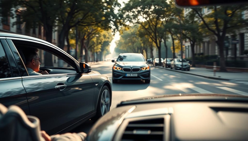 A dynamic driving scene showcasing a car skillfully maneuvering around a parked vehicle on the side of the road. In the foreground, focus on the sleek, modern car in a tight turn, with the driver attentively scanning for obstacles. The middle layer features a clearly parked car, highlighting the careful navigation required in urban driving situations. In the background, include a blurred city street with trees lining the road, soft morning light casting gentle shadows, suggesting a safe, calm atmosphere. Use a slightly lower angle to emphasize the height of the parked vehicle, enhancing the sense of caution required while driving. The overall mood should convey focus, safety, and skill in navigating tricky driving circumstances. A dynamic driving scene showcasing a car skillfully maneuvering around a parked vehicle on the side of the road. In the foreground, focus on the sleek, modern car in a tight turn, with the driver attentively scanning for obstacles. The middle layer features a clearly parked car, highlighting the careful navigation required in urban driving situations. In the background, include a blurred city street with trees lining the road, soft morning light casting gentle shadows, suggesting a safe, calm atmosphere. Use a slightly lower angle to emphasize the height of the parked vehicle, enhancing the sense of caution required while driving. The overall mood should convey focus, safety, and skill in navigating tricky driving circumstances.
