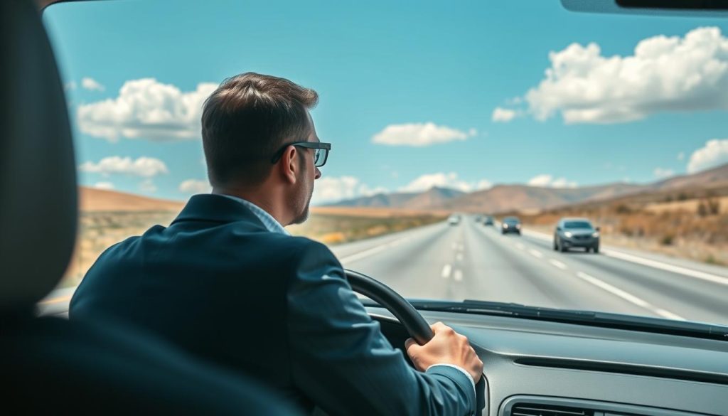 A dynamic scene illustrating the concept of "three levels of gaze" in driving safety. In the foreground, a focused, professional driver wearing smart casual attire is looking ahead through the windshield, their expression attentive. In the middle ground, a well-maintained road stretches towards the horizon. On either side, light traffic flows, with vehicles at varying distances to emphasize the concept of distance awareness. The background features gently rolling hills under a clear blue sky with a few fluffy clouds, casting soft, natural lighting over the scene. The angle of view is slightly elevated, providing a panoramic perspective that captures the depth of field and emphasizes the importance of long-range observation in driving. The overall atmosphere is calm and focused, promoting a sense of safety and vigilance. A dynamic scene illustrating the concept of "three levels of gaze" in driving safety. In the foreground, a focused, professional driver wearing smart casual attire is looking ahead through the windshield, their expression attentive. In the middle ground, a well-maintained road stretches towards the horizon. On either side, light traffic flows, with vehicles at varying distances to emphasize the concept of distance awareness. The background features gently rolling hills under a clear blue sky with a few fluffy clouds, casting soft, natural lighting over the scene. The angle of view is slightly elevated, providing a panoramic perspective that captures the depth of field and emphasizes the importance of long-range observation in driving. The overall atmosphere is calm and focused, promoting a sense of safety and vigilance.